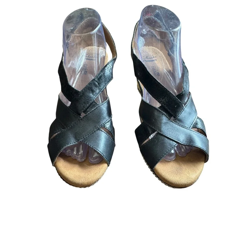 Clarks Wedge Sandals Women 9 Black Excellent Strappy Slingback Cushion Soft
